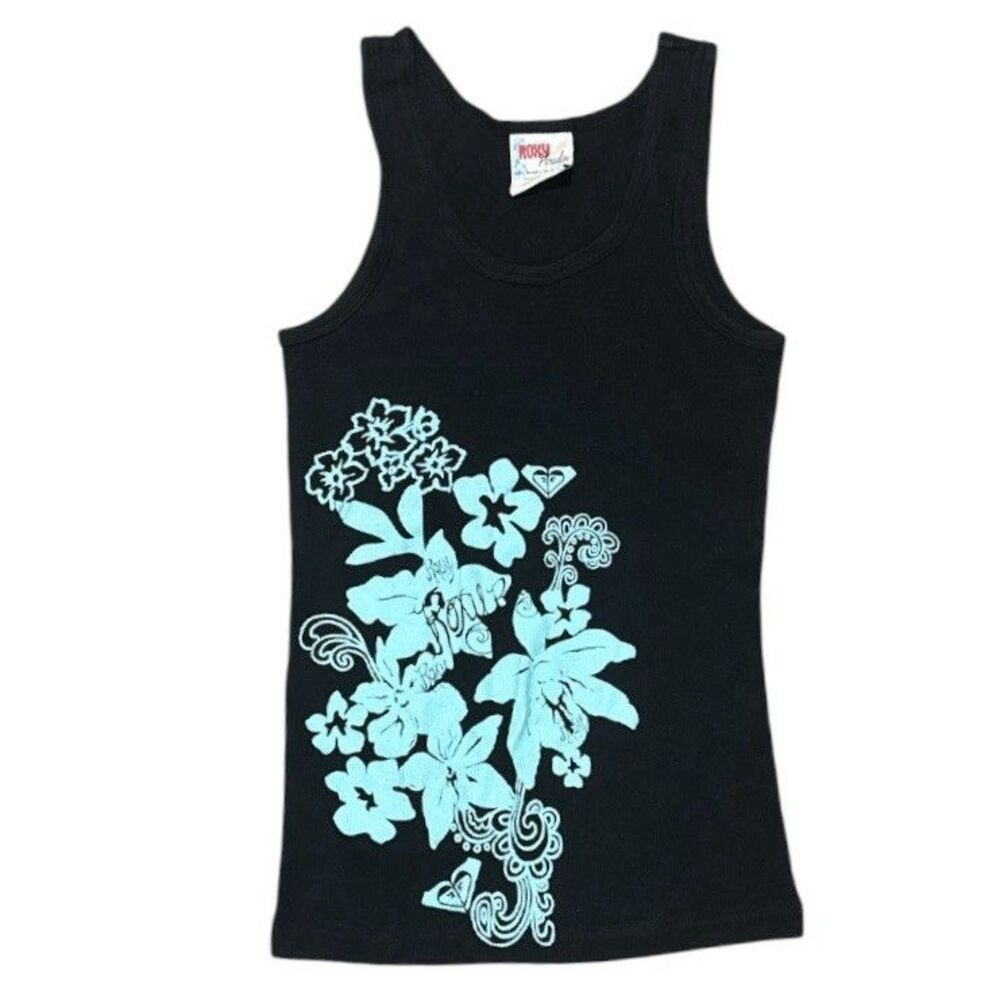 Vintage Y2K 90s Roxy Ribbed Tank Top Graphic Logo Surf Juniors S / M USA Cotton